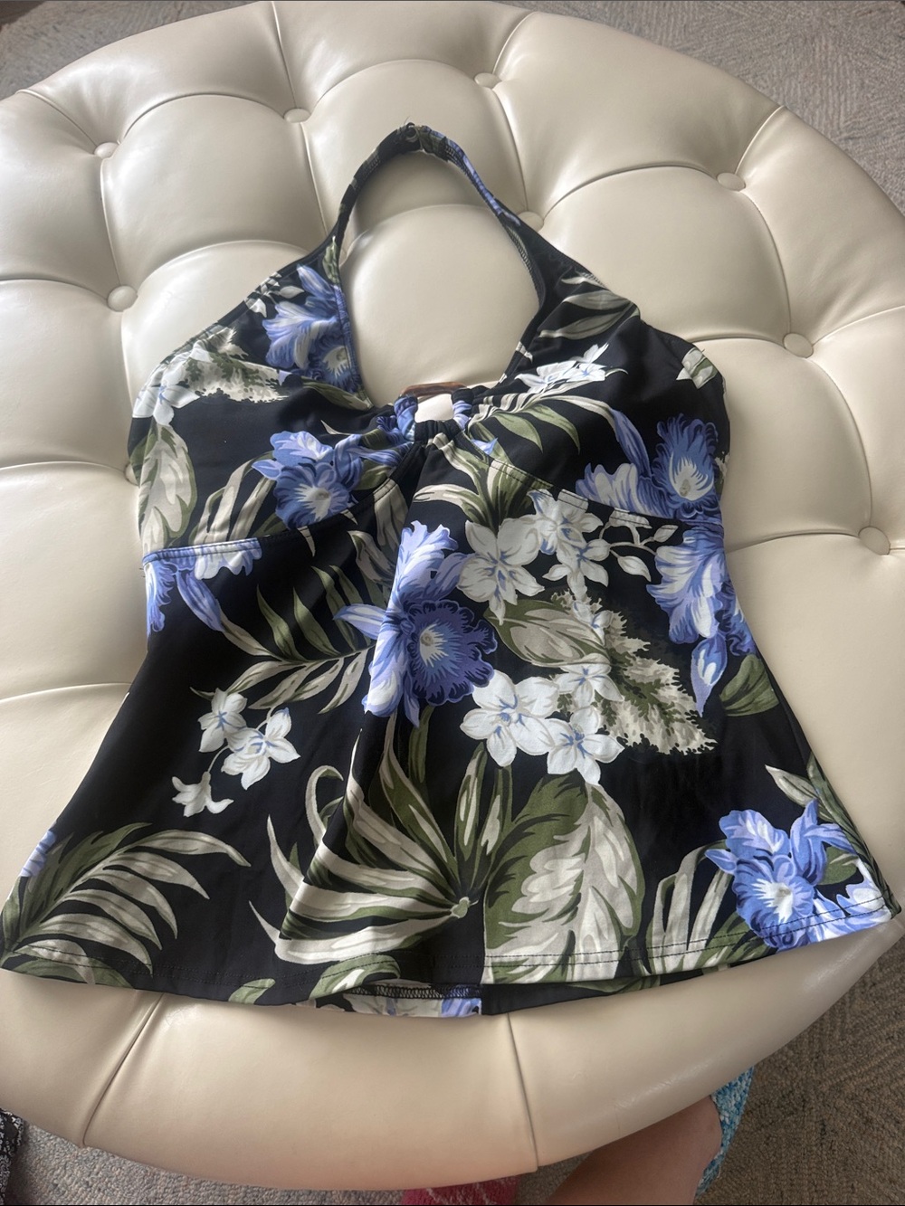 Lands' End Black Floral Halter Camisole with Blue & White Blooms